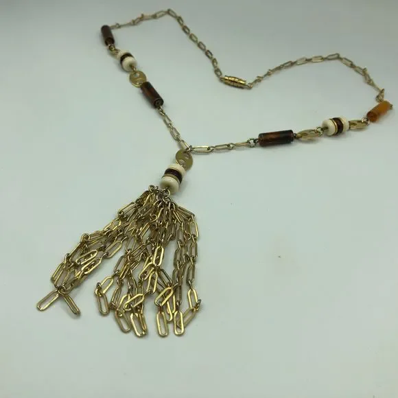 VINTAGE Gold Tone Tassel Beaded Pendant Retro Necklace, Disco Party Studio 54 - Picture 9 of 16